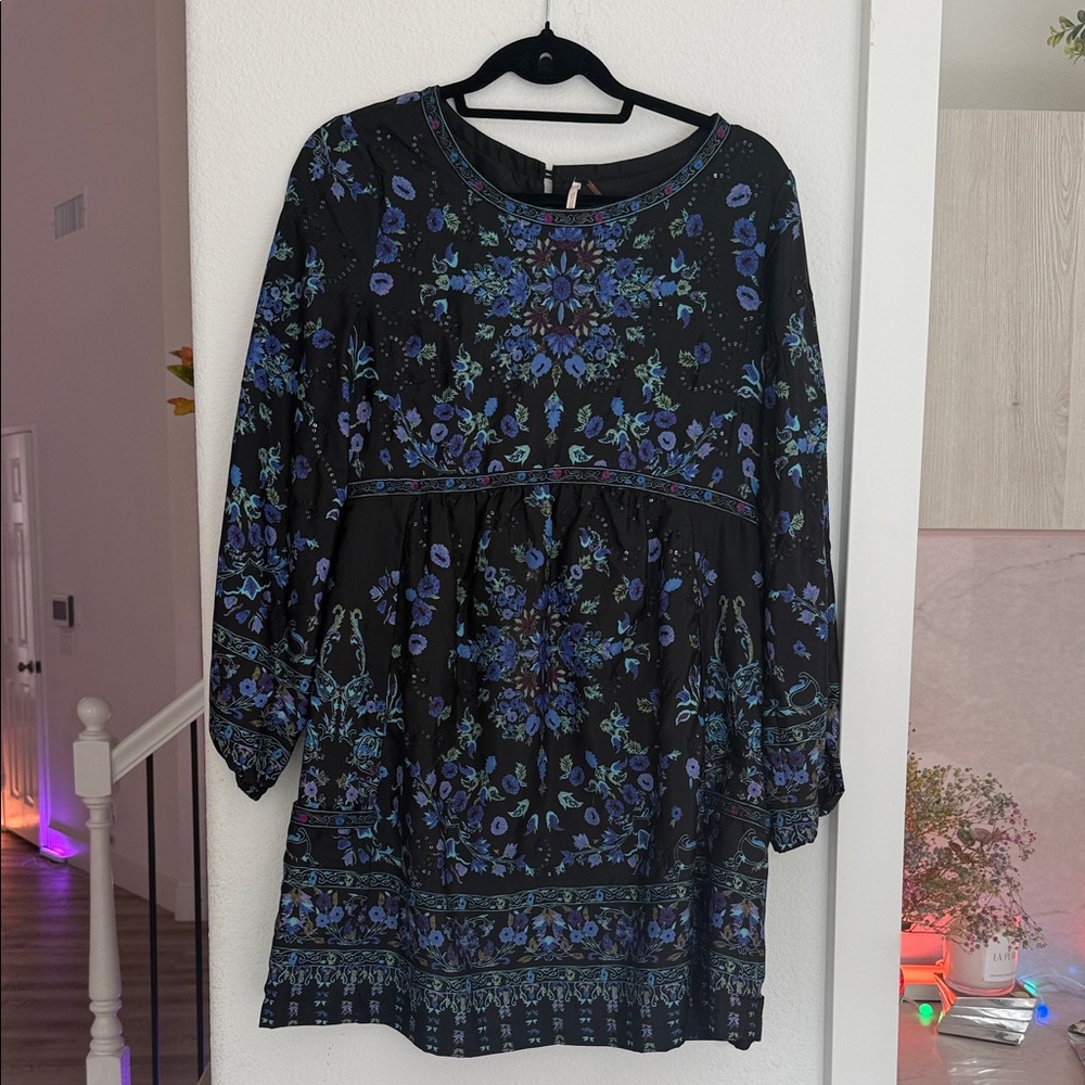 Free People Black and Blue Embroidered and sequined Boho Dress